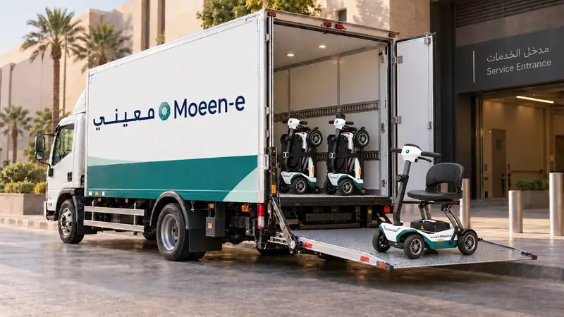 شاحنة معيني تنقل العربات الكهربائية إلى مدخل الخدمات